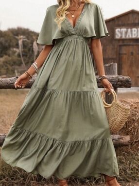 Women's Maxi Dress in Sage Green - Flowy V-Neck Design